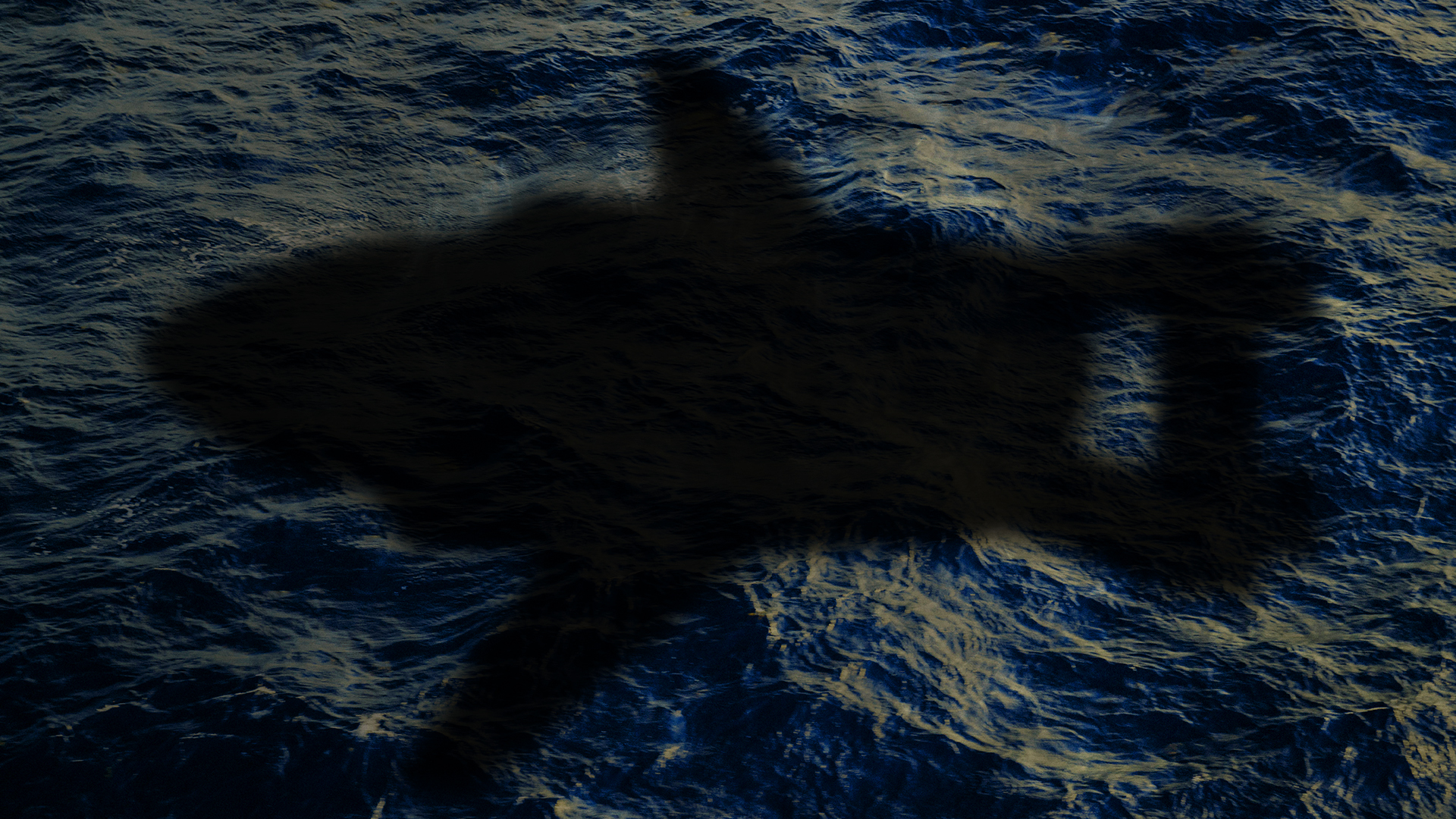 Silhouette of Internationl Rescue's giant transporter aircraft flying over the ocean.